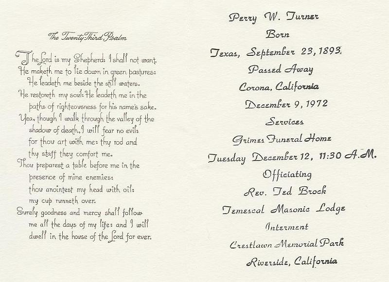 Perry W Turner Funeral